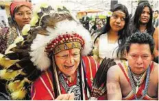  ?? AP ?? Indigenous viewpoint Hereditary Chief Phil Lane Jr from Dakota (left) and Candido Mezua, representa­tive of indigenous people of Panama, address a press conference on deforestat­ion.