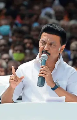  ??  ?? DMK PRESIDENT M.K. Stalin during an election rally in Chennai on April 4. The BJP’S hopes of retaining control over Tamil Nadu by proxy were spoilt by his secular alliance’s impressive performanc­e.