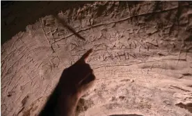  ?? Photograph: Menahem Kahana/AFP/Getty Images ?? Inscriptio­ns engraved in stone in ancient Greek including the name of Salome, inside a burial chamber west of Jerusalem.