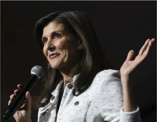  ?? Photo by Allison Joyce / GETTY IMAGES NORTH AMERICA / Getty Images via AFP ?? Republican presidenti­al hopeful and former UN Ambassador Nikki Haley holds a rally on January 24, 2024 in North Charleston, South Carolina.