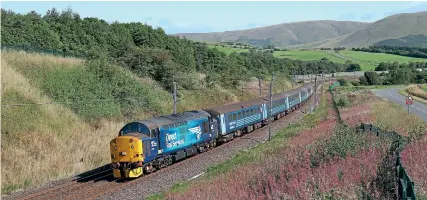  ?? Cameron Walker ?? DRS’ Class 37 No. 37716 threads the six Mk.2 coaches though Beck Foot, Cumbria, working the 5V22 Carlisle Kingmoor-Cardiff Canton ecs move on August 26.