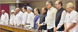  ??  ?? Leaders of opposition parties observe silence in memory of Amarnath pilgrims killed in a terror attack, at a meeting to pick candidate for vicepresid­ential election in New Delhi on Tuesday. PTI PHOTO
