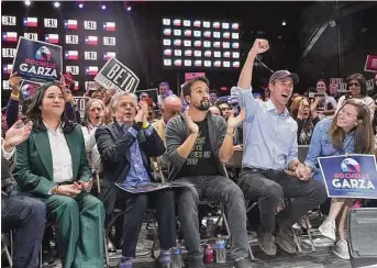  ?? Jon Shapley/Staff photograph­er ?? Democratic gubernator­ial candidate Beto O’Rourke cheers with “Hamilton” composer Lin-Manuel Miranda, center, during a rally Tuesday at Imagen Venues Escapade in Houston.