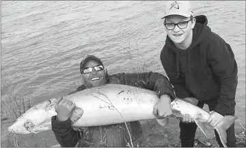  ?? Photos submitted by Blair Murphy ?? Blair Murphy and Noah Higgins pose with their massive catch of the day, a sturgeon weighing over 130 pounds and 71 inches long, Friday evening on the Oldman River.