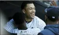  ?? MICHAEL OWENS — ASSOCIATED PRESS ?? Yankees’ Giancarlo Stanton celebrates with Didi Gregorius after hitting a home run against the Toronto Blue Jays during the sixth inning.