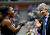  ?? GETTY IMAGES ?? The serve, the volley and the upshot as Serena Williams pleads with referee Brian Earley, destroys her racket and hides her face while standing next to her conqueror, Naomi Osaka.