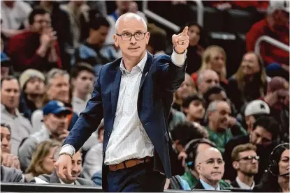  ?? Michael Dwyer/Associated Press ?? UConn coach Dan Hurley reacts during a Sweet 16 game against San Diego State on Thursday in Boston.