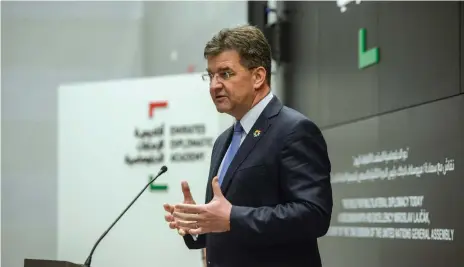  ?? Khushnum Bhandari for The National ?? UN general assembly president Miroslav Lajcak speaks at the Emirates Diplomatic Academy yesterday