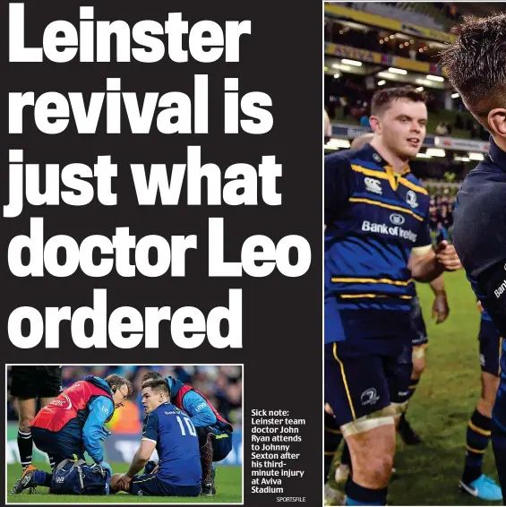  ?? SPORTSFILE ?? Sick note: Leinster team doctor John Ryan attends to Johnny Sexton after his thirdminut­e injury at Aviva Stadium