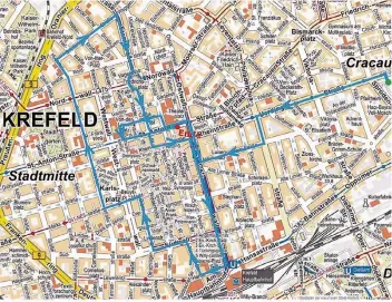  ?? GRAFIK: STADT KREFELD ?? Der Zugweg wurde in diesem Jahr geändert. Er schwenkt an der Philadelph­iastraße nach rechts und zieht dann über die Neue Linner Straße in Richtung Ostwall.