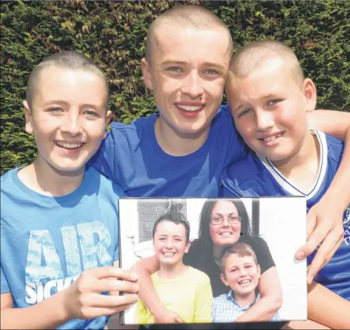  ??  ?? Jack Parnell, 12, Cameron Johnson, 15 and Luke Parnell, nine who have had their heads shaved for the Pilgrims Hospice