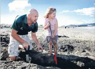  ?? Photo: KENT BLECHYNDEN/FAIRFAX NZ ?? Team work: Steve Walters helps daughter Esme, 4, build water canals in the sand at Lyall Bay. They were among hundreds who took advantage of a sunny day yesterday to get out and about in Wellington.