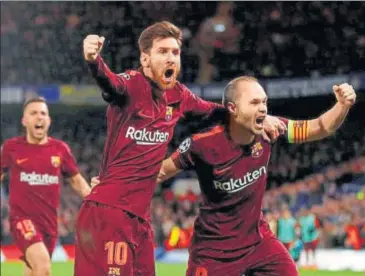  ?? REUTERS ?? Lionel Messi celebrates his goal with Andres Iniesta during the Champions League tie against Chelsea on Tuesday.