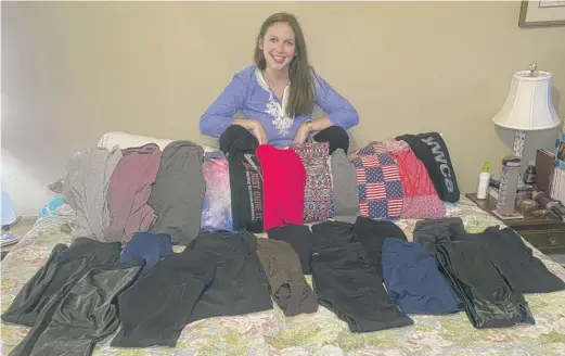  ?? CAMERON HOWE VIA AP ?? Cameron Howe at home in Lynchburg, Virginia, with her collection of leggings purchased during the pandemic. She’s OK with continuing to wear them as business attire as she transition­s back to work. But plenty of other people are looking to say goodbye to their casual pandemic wardrobes.