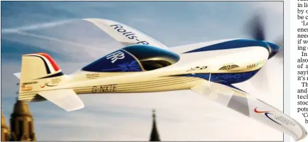  ??  ?? HIGH HOPES: Rolls-Royce claims its battery-powered aircraft, The Spirit of Innovation, can fly at 300mph