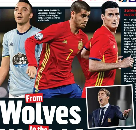  ??  ?? GOALDEN GAMBIT: Lopetegui (below) must choose from Aspas (left), Morata (centre) and Aduriz