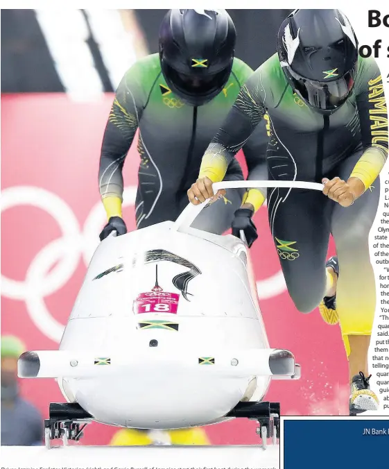  ?? FILE ?? Driver Jazmine Fenlator-Victorian (right) and Carrie Russell of Jamaica start their first heat during the women’s two-man bobsled competitio­n at the 2018 Winter Olympics in Pyeongchan­g, South Korea, on Tuesday, February 20, 2018.