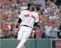  ?? CHARLES KRUPA/THE ASSOCIATED PRESS ?? Boston Red Sox designated hitter Hanley Ramirez shouts after hitting a two-run RBI double during the seventh inning in Game 3 of the American League Division Series against the Houston Astros on Sunday in Boston.