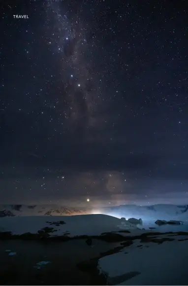  ??  ?? LEFT / Night sky and ship lights when camping at Portal Point, photo Siyan Wang. MIDDLE / Hiking at Deception Island, photo Georgie Archibald. BOTTOM / Sunrise and icebergs, photo Siyan Wang.