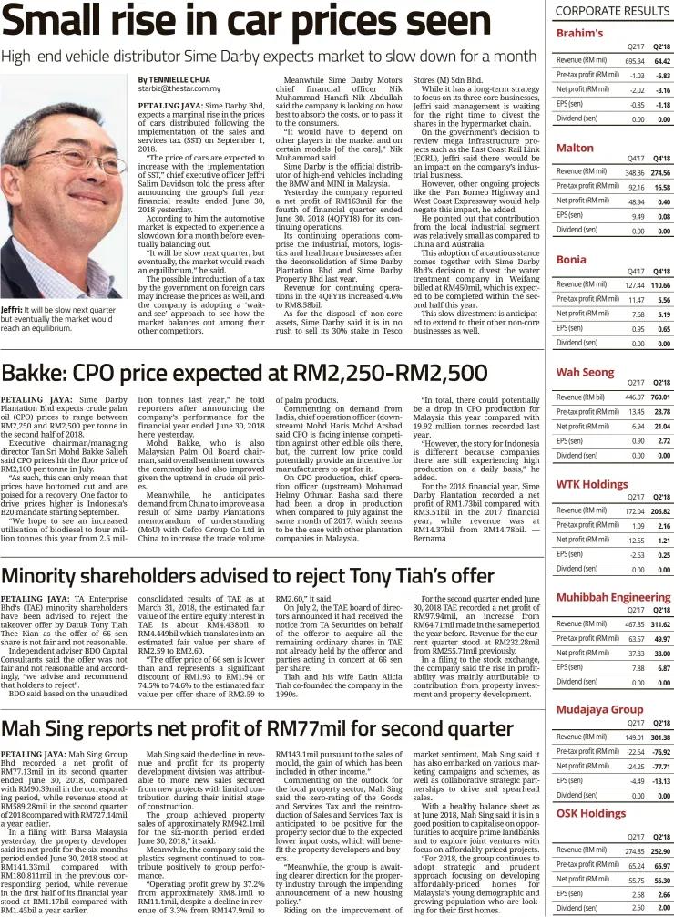  ??  ?? Jeffri: It will be slow next quarter but eventually the market would reach an equilibriu­m. By TENNIELLE CHUA starbiz@thestar.com.my