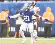  ?? Elsa / Getty Images ?? Landon Collins of the New York Giants reacts after being called for pass interferen­ce against the Bears.