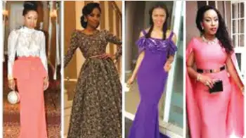  ??  ?? For summer evening dresses, think floor-length skirts and dazzling details