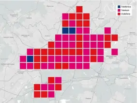  ??  ?? Vielfältig­e lokale Champions: Die Analyse, in welcher der 2 x 2 Kilometer großen „Evaluation Areas“welcher Netzbetrei­ber die jeweils beste LTE-Versorgung bietet, zeigt in Frankfurt am Main ein insgesamt ausgewogen­es Bild.