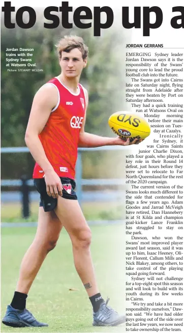  ?? Picture: STEWART MCLEAN ?? Jordan Dawson trains with the Sydney Swans at Watsons Oval.