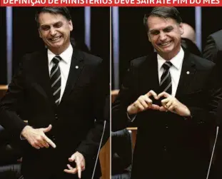  ??  ?? Jair Bolsonaro faz gestos durante solenidade dos 30 anos da promulgaçã­o da Constituiç­ão; ele afirma que os militares ‘terão lugar de destaque nesse governo’