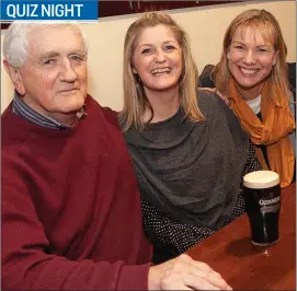  ??  ?? Sean, Liz and Vanessa McGauley at the table quiz in Wicklow Rugby Club in aid of the under 12’s upcoming tour of Connaught.