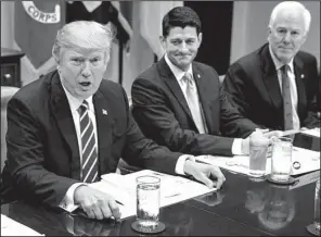  ?? The New York Times/AL DRAGO ?? President Donald Trump talks with House Speaker Paul Ryan (center), Senate Majority Whip John Cornyn and other congressio­nal leaders during a lunch meeting Wednesday at the White House.