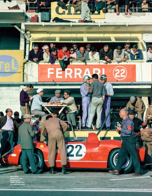 ??  ?? E ortless glamour in the Ferrari pit in 1964, its last win as a factory team xxxx