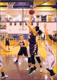  ?? Photo by Mark Humphrey ?? Gentry junior Hannah Boss gets inside for an easy basket against Pea Ridge. The Lady Pioneers were defeated, 46-30, on Wednesday, Feb. 15, at the district tournament held at Berryville. By Mark Humphrey mhumphrey@nwadg.com