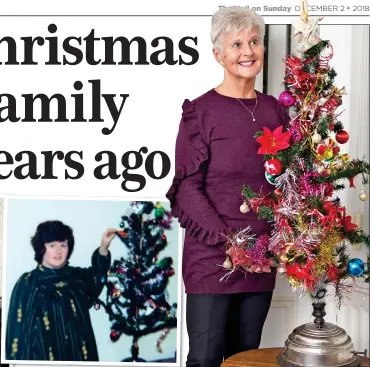  ??  ?? CENTRE OF ATTENTION: Aileen Stirling, circled left, with her family and the Christmas tree in 1958; pregnant with her daughter Joanne in 1976, centre; and pictured this year with the 100-year-old tree