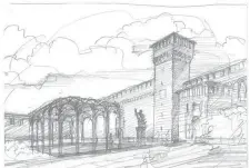  ??  ?? Un disegno del progetto del pergolato del Castello Sforzesco, che sarà inaugurato nella primavera del 2019. Sotto, uno schizzo preparator­io