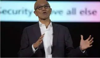  ?? ?? Microso  CEO Satya Nadella speaks during an event titled "Microso  Build: AI Day" in Jakarta, Indonesia.