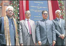  ?? ANI PHOTO ?? J&K LG Manoj Sinha, Chief Justice of India NV Ramana and Union minister of law and justice Kiren Rijiju during the foundation stone laying ceremony of the new high court complex, at Bemina, in Srinagar on Saturday.