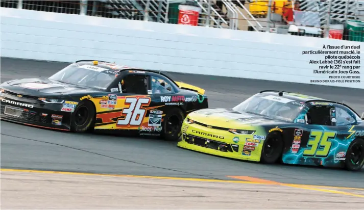  ?? PHOTO COURTOISIE BRUNO DORAIS-POLE POSITION ?? À l’issue d’un duel particuliè­rement musclé, le pilote québécois Alex Labbé (36) s’est fait ravir le 22e rang par l’Américain Joey Gass.