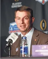  ?? PATRICK BREEN/THE REPUBLIC ?? Clemson coach Dabo Swinney will lead his Tigers in their third Fiesta Bowl in five seasons.