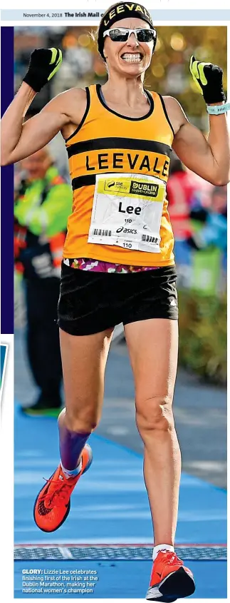  ??  ?? GLORY: Lizzie Lee celebrates finishing first of the Irish at the Dublin Marathon, making her national women’s champion
