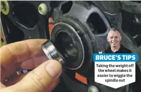  ??  ?? BRUCE’S TIPS
Taking the weight off the wheel makes it easier to wiggle the spindle out