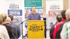  ??  ?? Jason Bien, a former carpentry student speaks at the Regina Trades and Skills Centre on Monday. The school is celebratin­g 10 years in operation.