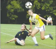  ?? Photo courtesy of JBU Sports Informatio­n ?? John Brown sophomore defender Audrey Balafas, right, battles Science and Arts (Okla.) defender Grace Schmidt for the ball during Saturday’s match at Alumni Field. The Drovers defeated the Golden Eagles 2-1.