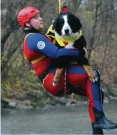  ?? Foto: Leena Volland, BRK ?? Sie haben die Ausbildung geschafft: Marco Greiner mit seinem Wasserrett­ungshund Buddy bei einer Abseilübun­g.