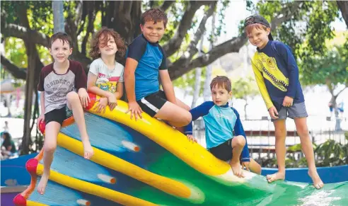  ?? Picture: BRENDAN RADKE ?? SPLASH OF FUN: Finn Cheatle, 8, Sebastian Cheatle, 5, Max Littlemore, 8, Zachery Cheatle, 5, and Jai Littlemore, 6, enjoy their school holidays playing together at Muddy's Playground.