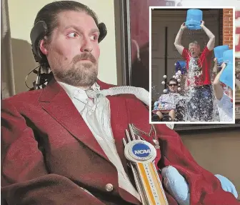  ?? STAFF FILE PHOTO BY NANCY LANE; STAFF FILE PHOTO, INSET, BY ANGELA ROWLINGS ?? A HOME RUN: Local pols want to honor Pete Frates for his viral ‘Ice Bucket Challenge,’ which Gov. Charlie Baker can be seen doing inset in 2014, with the creation of Bucket Challenge Week.’