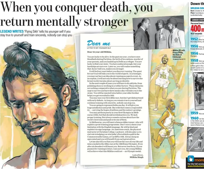  ?? Illustrati­on: MALAY KARMAKAR PA IMAGES VIA GETTY ?? Milkha (R) with Prince Philip, the Duke of Edinburgh.