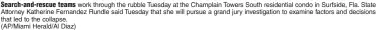  ?? (AP/Miami Herald/Al Diaz) ?? Search-and-rescue teams work through the rubble Tuesday at the Champlain Towers South residentia­l condo in Surfside, Fla. State Attorney Katherine Fernandez Rundle said Tuesday that she will pursue a grand jury investigat­ion to examine factors and decisions that led to the collapse.