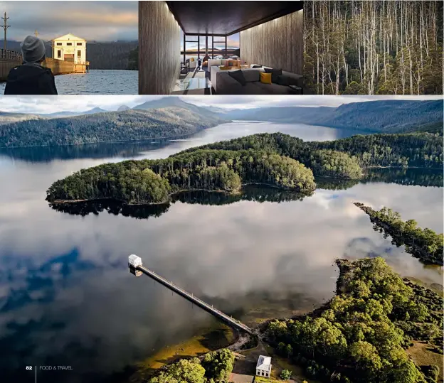  ??  ?? Im Uhrzeigers­inn: Blick
über den See zum Pumphouse; modern aber gemütlich; Wald; die Wildnis Tasmaniens