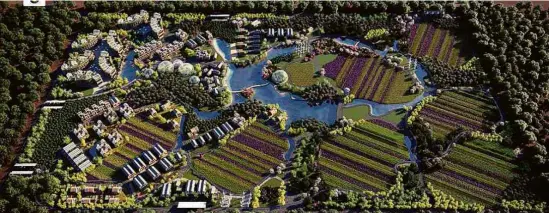  ?? The New York Times ?? Ilustração de um projeto de bairro autossuste­ntável da ReGen Village, que inclui estufas, agricultur­a vertical e fazenda aquapônica
